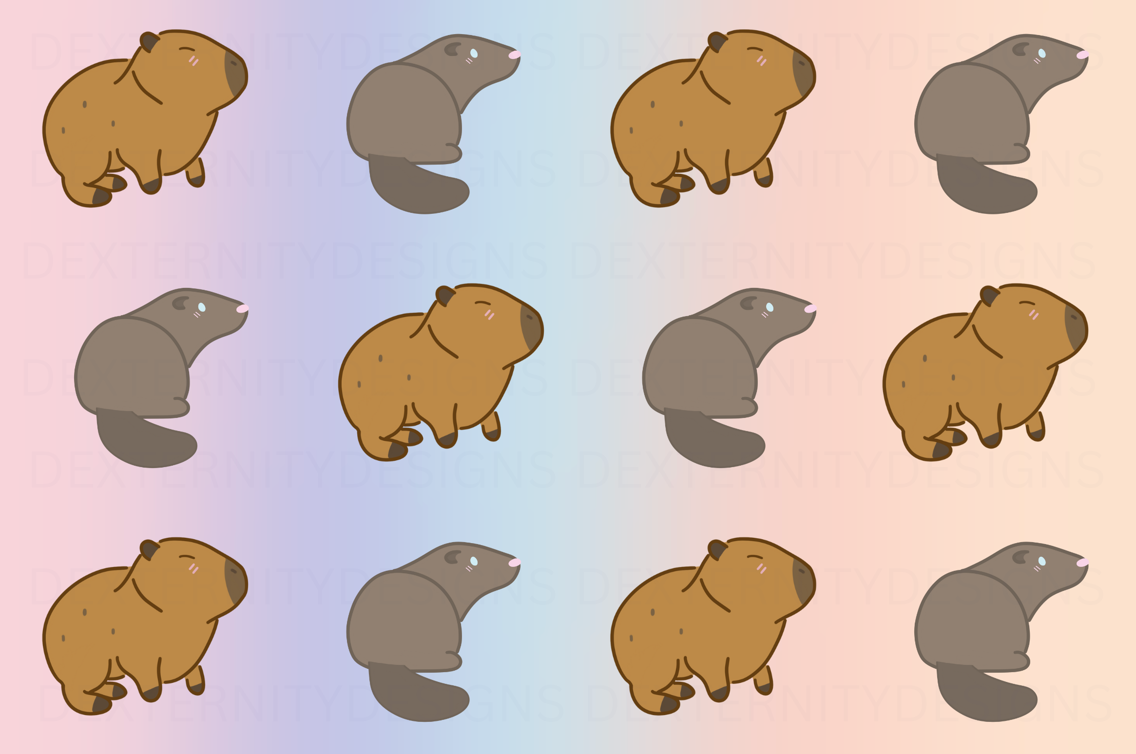 Pattern of cartoon groundhogs and capybaras on a gradient background